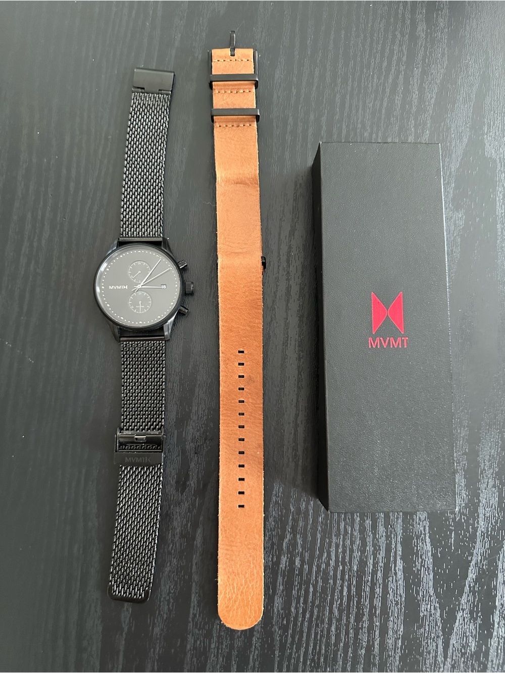 MVMT Black Mesh Chronograph Watch with extra Tan Leather Strap and Box 42mm